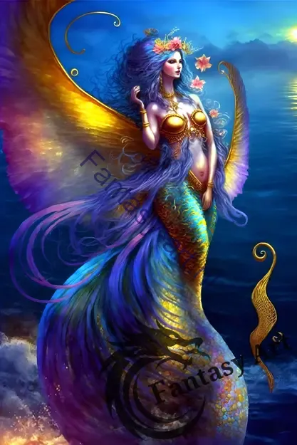 Fantasy Mermaid Art with a Golden Tail, Vibrant Colors, and Ornate Details