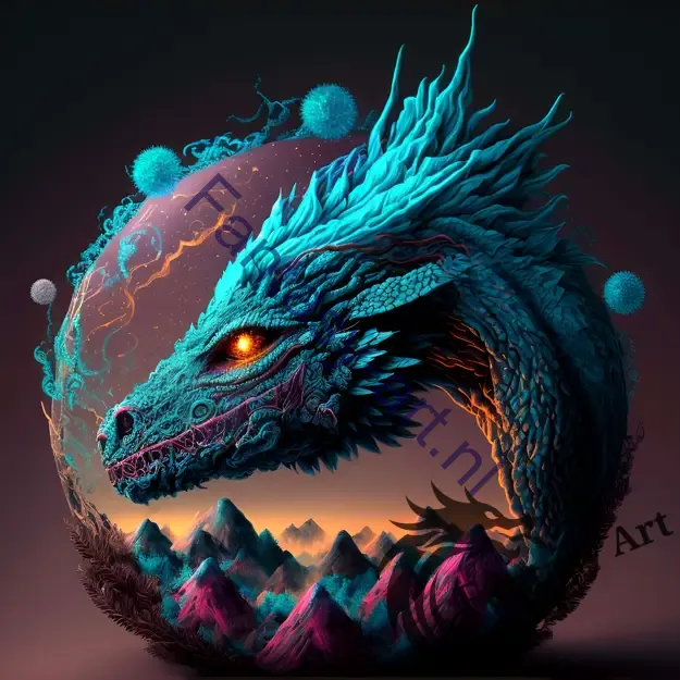 Digital Painting of a Dragon with Mountains in Picton Blue