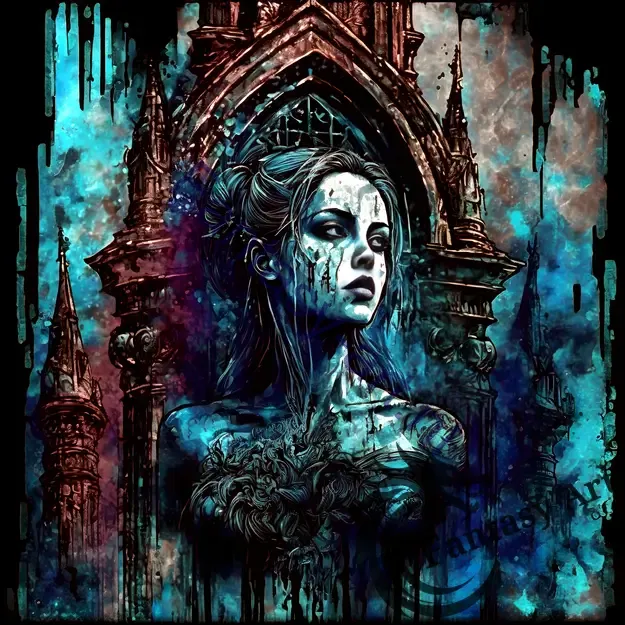 A detailed, ornate Baroque-Gothic style painting featuring a woman with blue paint on her face