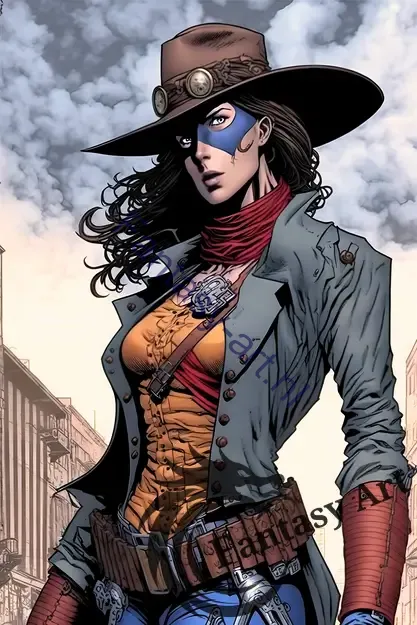 a brunette female gunslinger wearing a cowboy hat, standing proud and strong