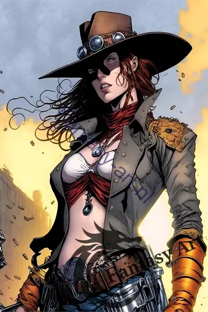  a beautiful female gunslinger in cowboy clothes with a hat and revealing blouse