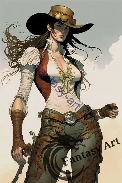 Beautiful and tough female gunslinger in cowboy clothes with a big hat