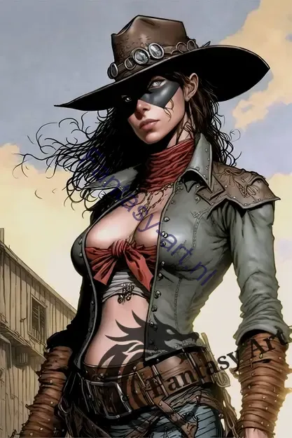 Sexy female gunslinger wearing cowboy clothes and a big hat in wild west town