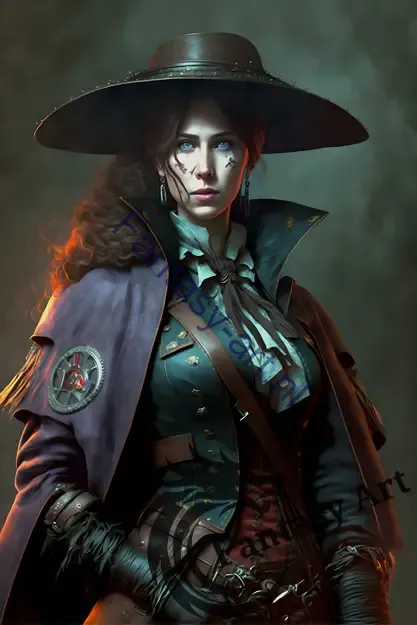 a female witch hunter wearing a big brown hat, sporting moody brown-purple-dark blue coloring with red-orange highlights.