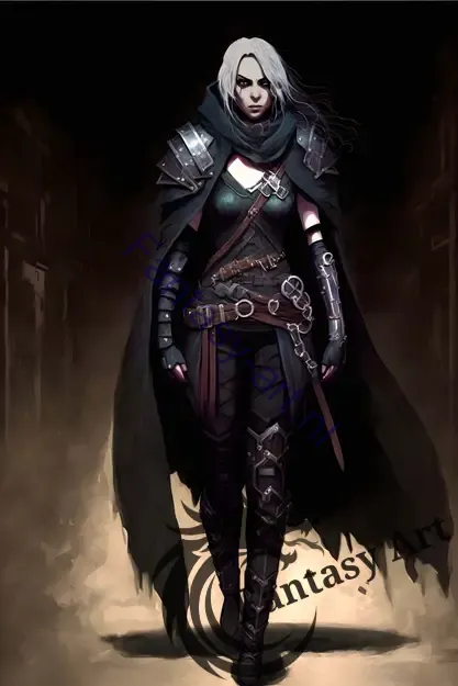  female figure dressed in dark leather clothing with leather straps, exhibiting the qualities of an ancient mage, thief, and armored assassin.