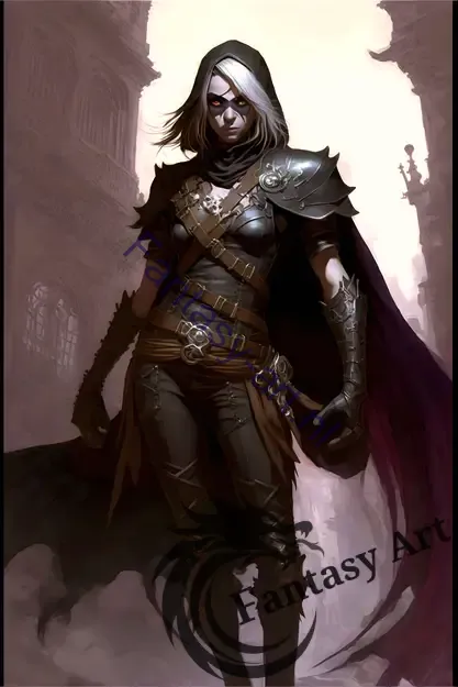 A beautiful female warrior standing in front of a clock tower wearing dark leather armor and dark purple robes, ready for battle.
