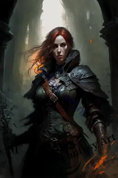 a female redhead templar holding a sword in a dark castle painted in dark moody colors with highlights of orange