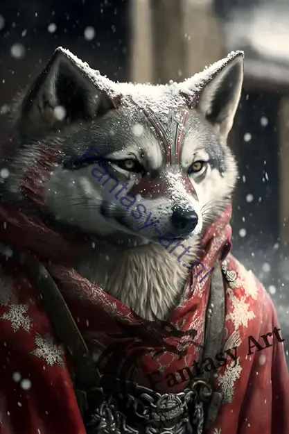 Anthropomorphic wolf monk samurai in snowy outdoors wearing a red scarf