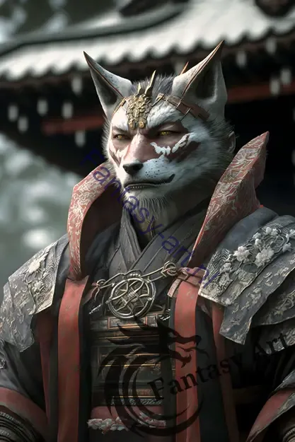  an anthropomorphic wolf monk-samurai wearing an ancient Japanese costume