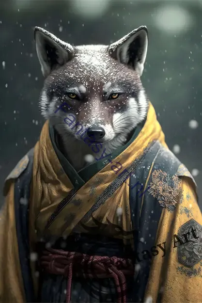 an anthropomorphic wolf monk-samurai wearing a yellow costume, featuring a frozen cold stare and set against a snowy landscape