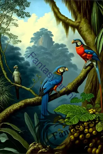 three blue and red parrots perched on a tree branch in an ancient jungle