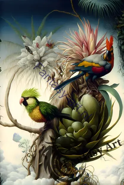 A striking airbrush painting showing two parrots perched atop a tropical tree with highly detailed foliage surrounding them.