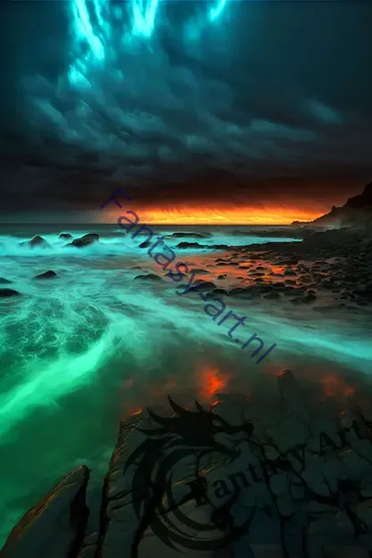 a large body of water under storm clouds with a bioluminescent effect, on a rocky coast with a teal-colored hue and multi-toned green and red lighting