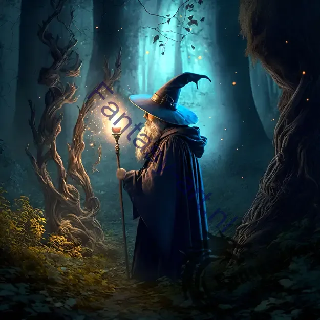 a fantasy wizard holding a torch in a mystical forest