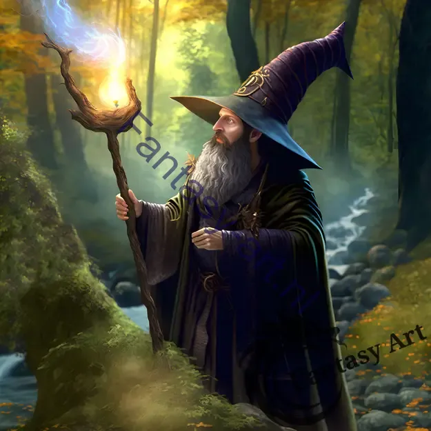 a fantasy wizard holding a magic wand and casting a holy flame spell in a forest surrounded by trees