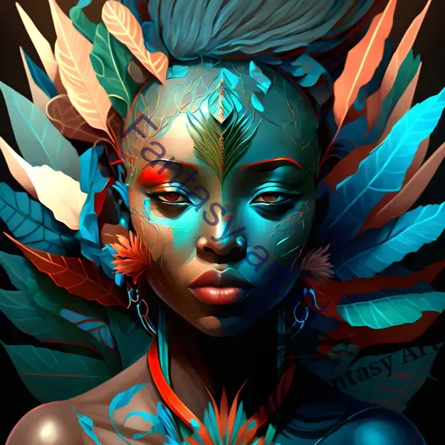 a beautiful African goddess of nature with leaves on her head and nice deep colors with teal reflections on the skin.