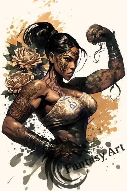 Watercolor art of a black female boxer with tattoos striking a heroic Muay-Thai pose