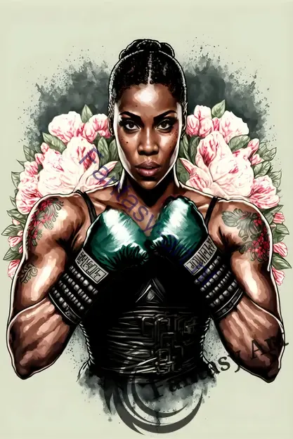 a black female boxer wearing boxing gloves in a battle pose, with street art and tattoo style elements, symbolizing the strength and resilience of muscular warrior women