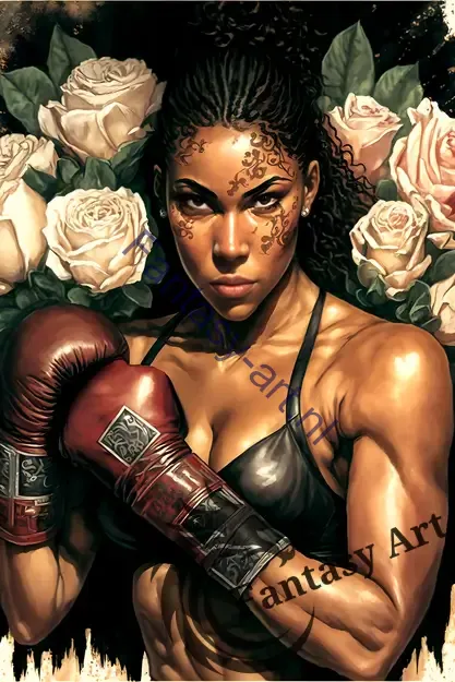 Art Nouveau Painting of Black Female Boxer with Brown-Red Boxing Gloves and White Roses