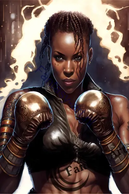 Airbrush watercolor illustration of a bronze-skinned black female boxer wearing gold-brown boxing gloves