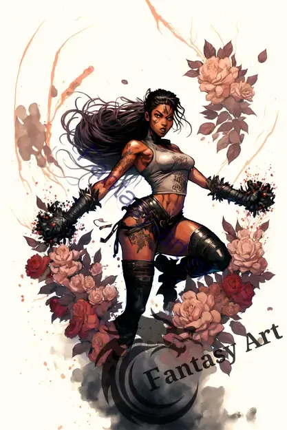 Black female boxer in fantasy art style wearing black gloves in fighter poses surrounded by concept art in an epic comic book style - Rumble Roses inspired.