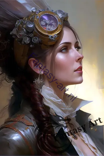 Highly Detailed Steampunk Inventor Girl Portrait with Victorian Goggles on her head, side view.