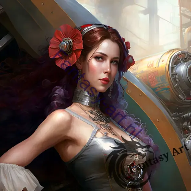 A woman standing in front of a large industrial machine with red flowers in her hair, Victorian-style steampunk artwork.