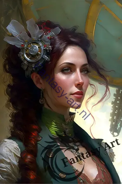Steampunk character portrait of an artificer with a clock in her hair and a large sphere-shaped machine in the background.
