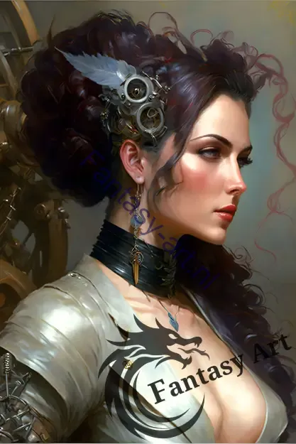 a steampunk woman with a feather in her hair, standing in front of an industrial machine in a meticulously crafted steampunk world.