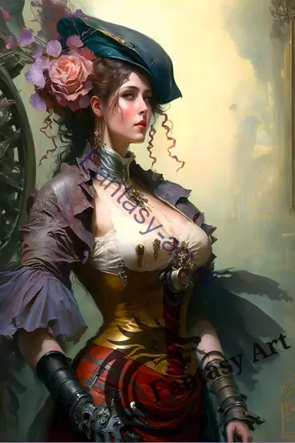 Steampunk painting of a woman with flowers in her hair and an artificial hand, wearing an ornate dress, with an industrial wheel in the background.
