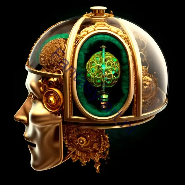 a glass helmet with a rotating matryoshka brain device and steampunk elements in golden turquoise and jade