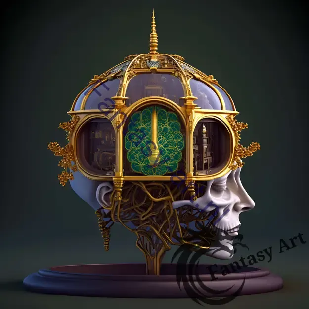 Terrarium Brain Device with surrealist sculpture and Gothic-futurist architecture, hyper-real rendering, and golden ratio illustration