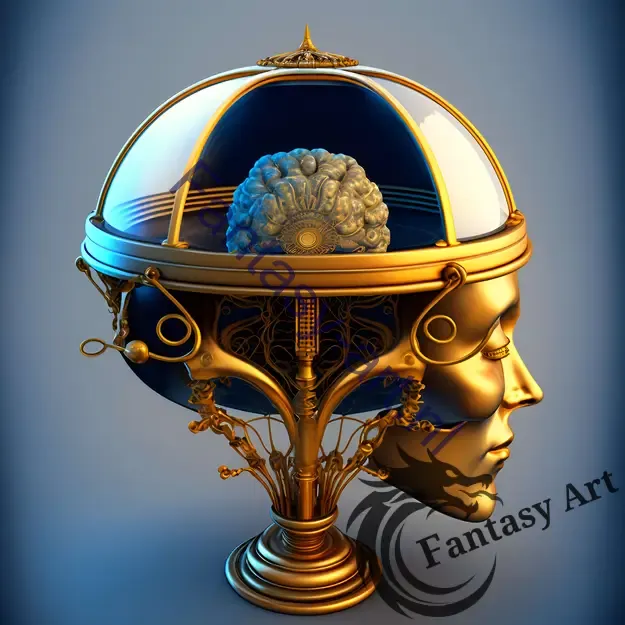 Brain Device with Terrarium - A Surreal Golden Head with a Brain Inside and a Celestial Regulator