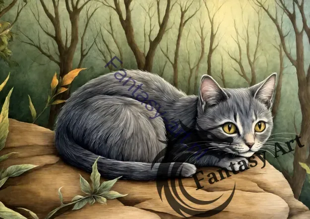 Mesmerizing color pencil illustration of a cat sitting on a rock in a forest, bathed in soft, dappled sunlight.