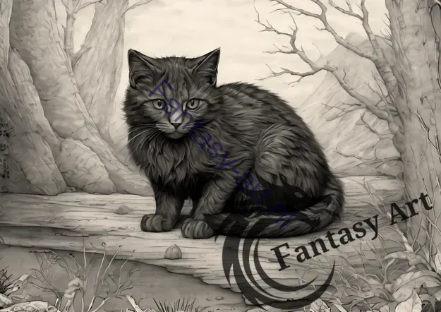 Mesmerizing black cat on a rock in a magical woodland setting, pencil illustration with a gray color scheme.