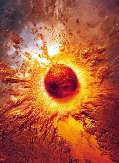 Aerial view of a red dwarf star showing a large blast of light