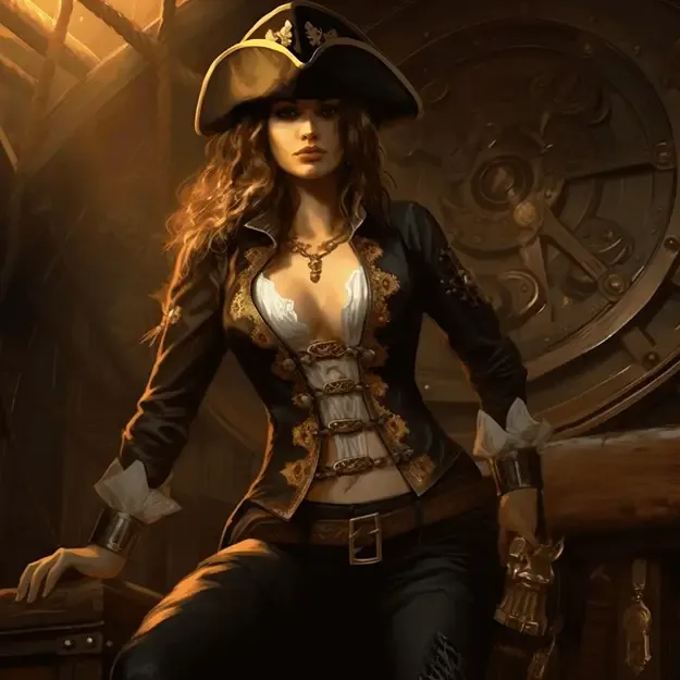 Female pirate on an old ship with an open chest